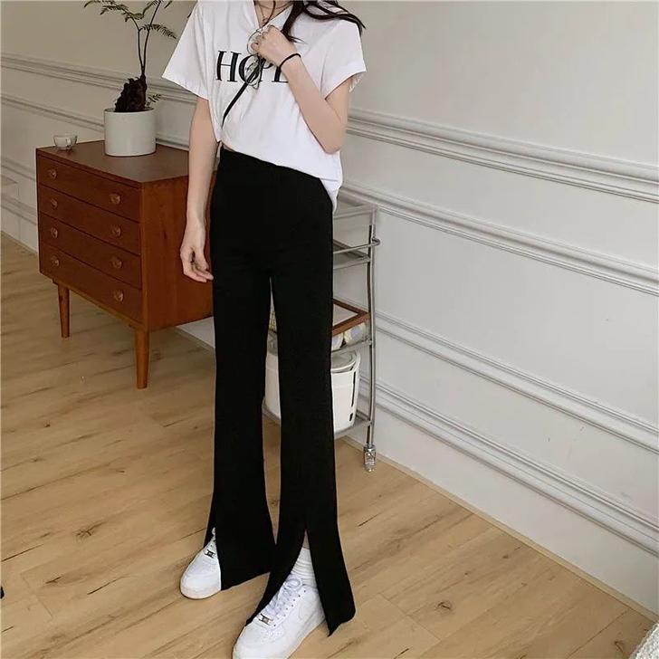 开叉新款高腰显瘦直筒拖地休闲长裤女学生夏季...