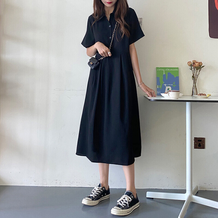 2021年夏季黑色短袖polo领连衣裙女法...
