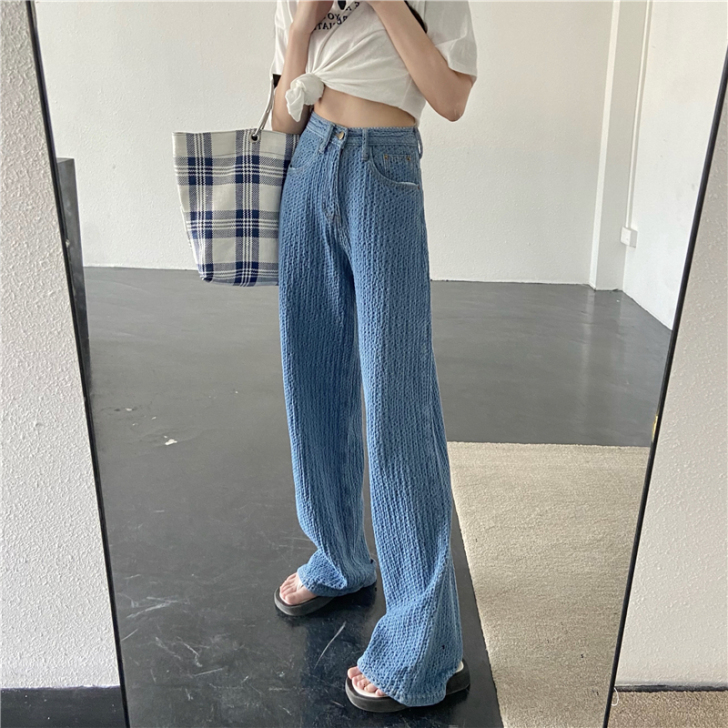 直筒牛仔裤女2021新款夏季设计感蓝色宽松...