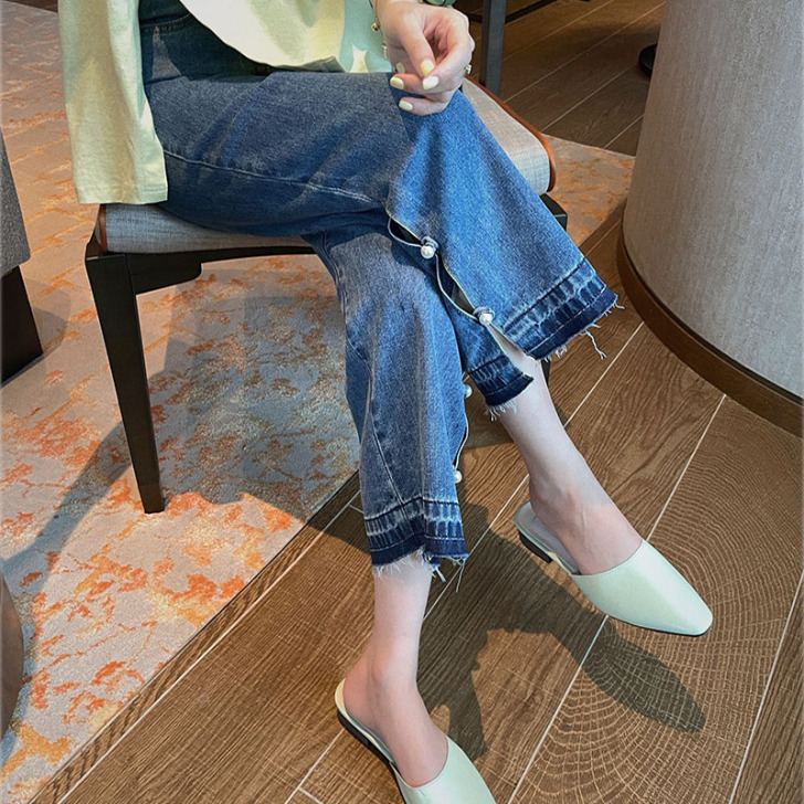 开衩阔腿牛仔裤女春夏2021设计感高腰  ...