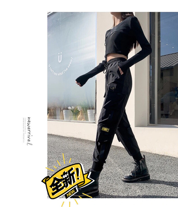 裤子女宽松百搭潮流2021新款运动束脚黑色...