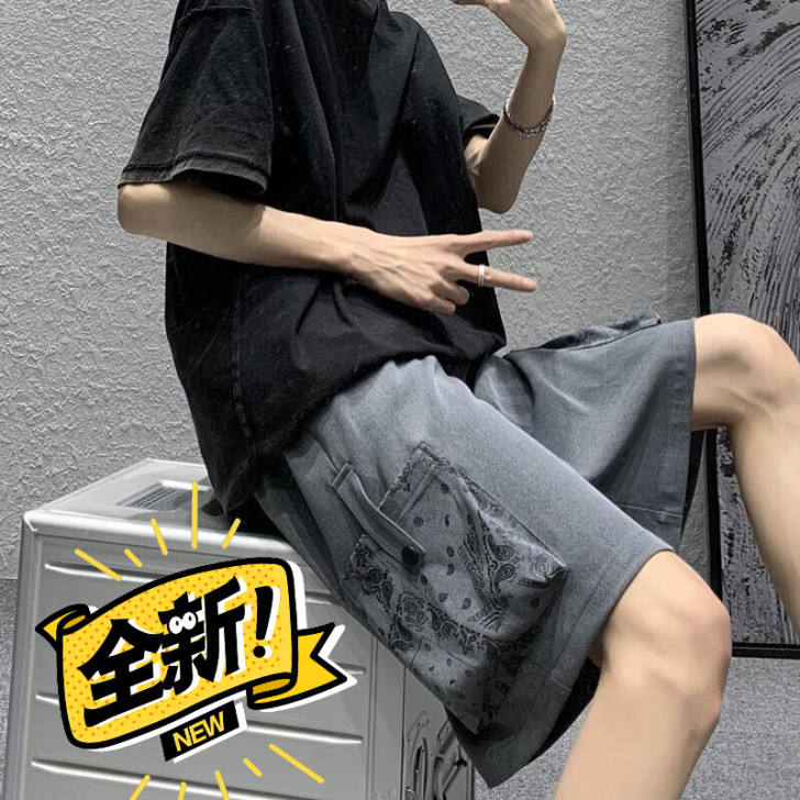 网红超火腰果花口袋工装短裤男夏季薄款高街h...