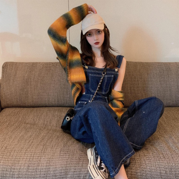 复古宽松阔腿高腰显瘦背带牛仔裤女2021春...