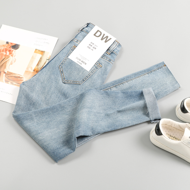2021春秋新款浅色牛仔裤女高腰紧身显瘦小...