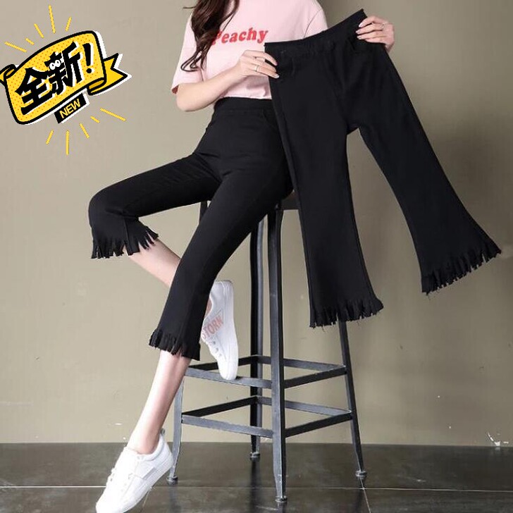 喇叭裤七分裤女夏2021新款韩版潮中腰流苏...