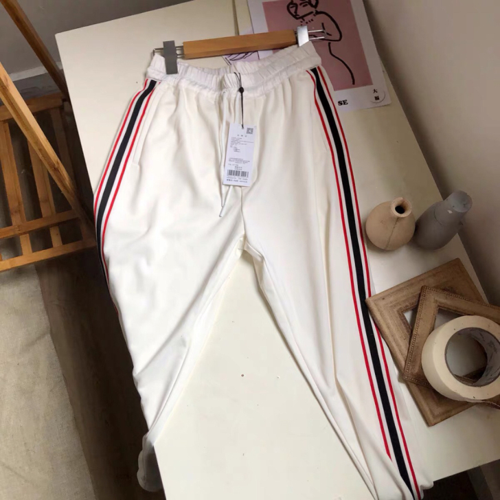 撞色拼条工装裤女运动裤束脚显瘦九分裤松紧腰