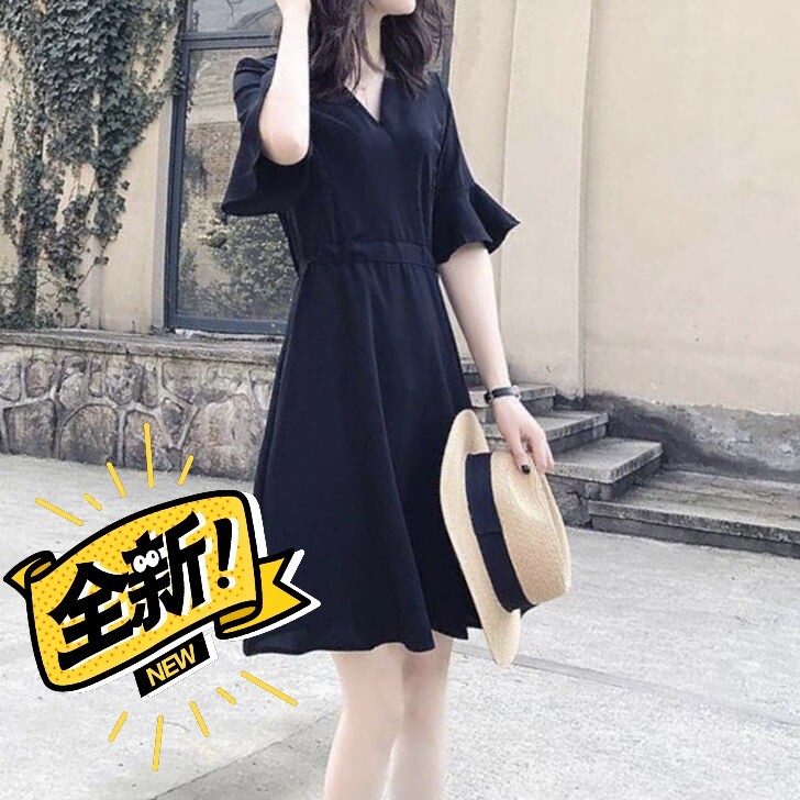 618狂欢节赫本风小黑裙女收腰显瘦裙子V领...