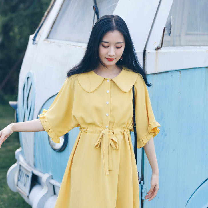 娃娃领连衣裙仙女超仙森系甜美收腰2019新...