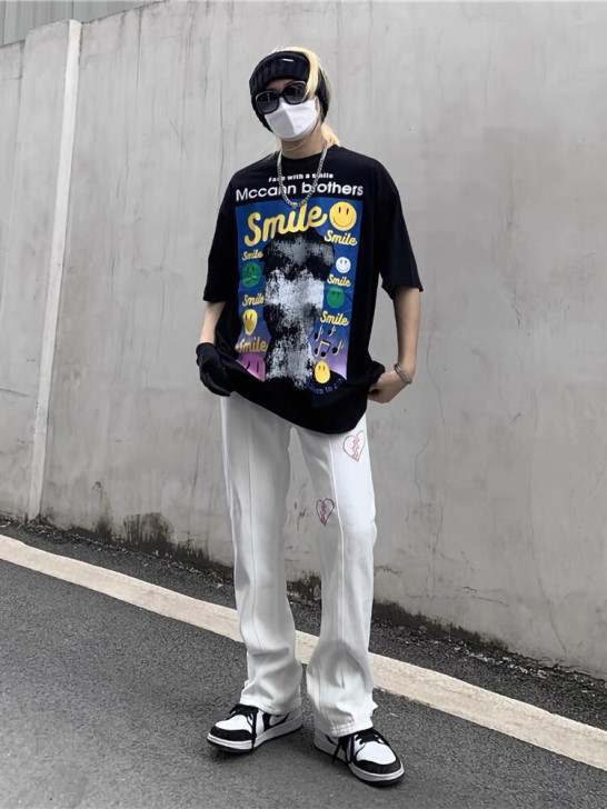 高街潮牌白色牛仔裤男夏季宽松直筒阔腿 裤女...