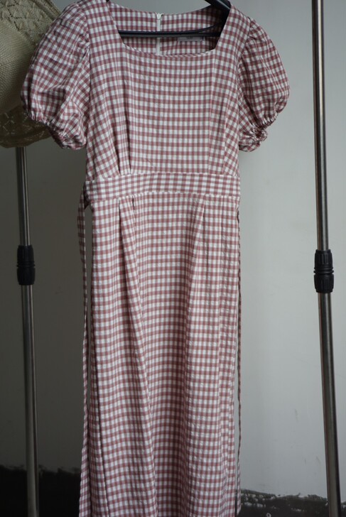 国字领连衣裙，粉色格子，颜色正，森系裙子范...