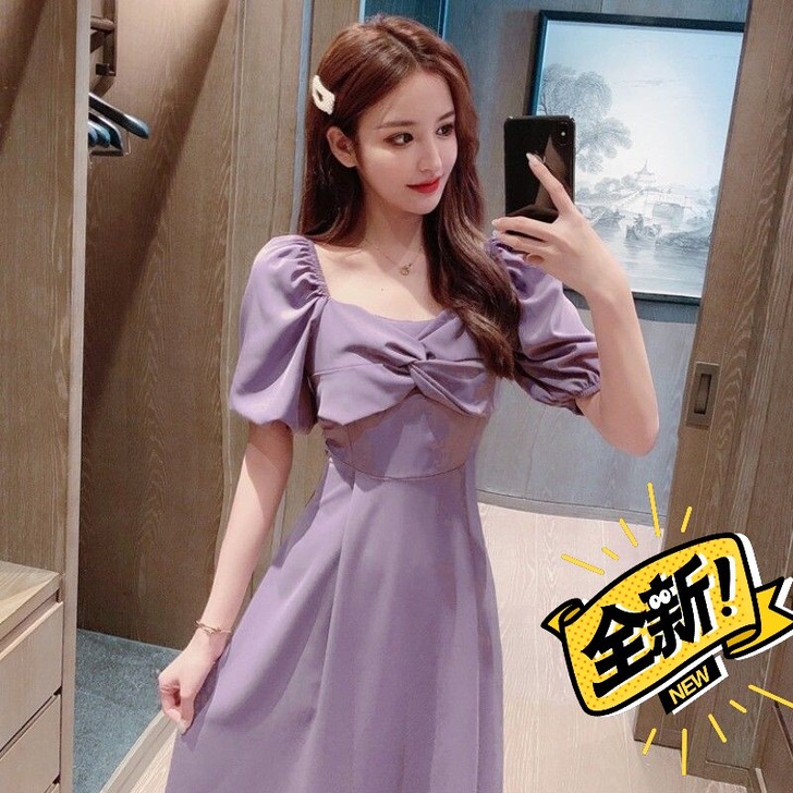 法式温柔风简约气质长裙2021夏天仙女方领...
