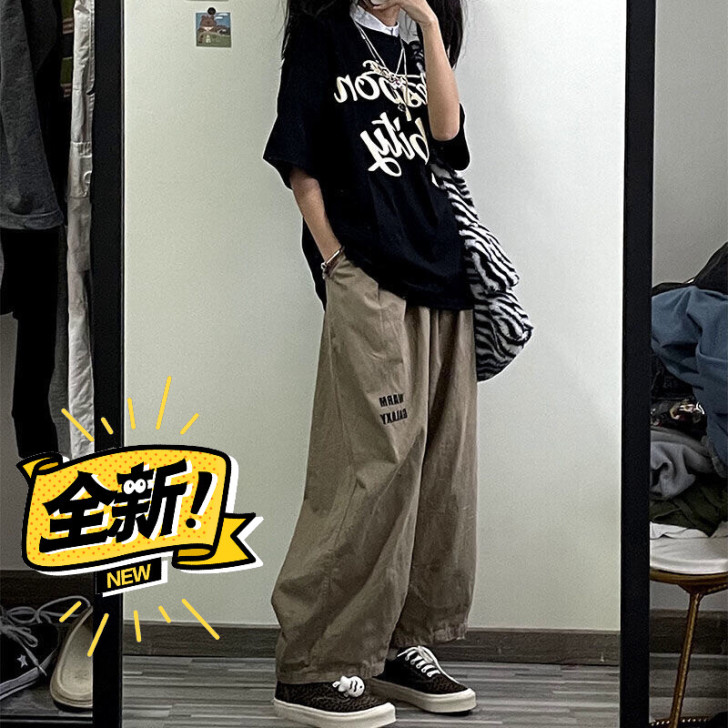 【包邮】日系潮牌卡其色坠感工装阔腿裤女学生...