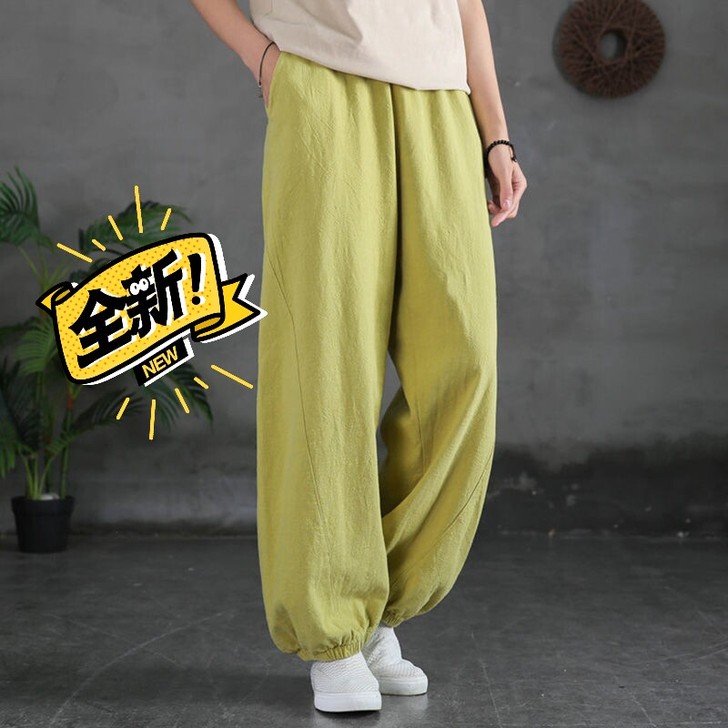 2021夏季新款100%棉麻灯笼女裤子文艺...