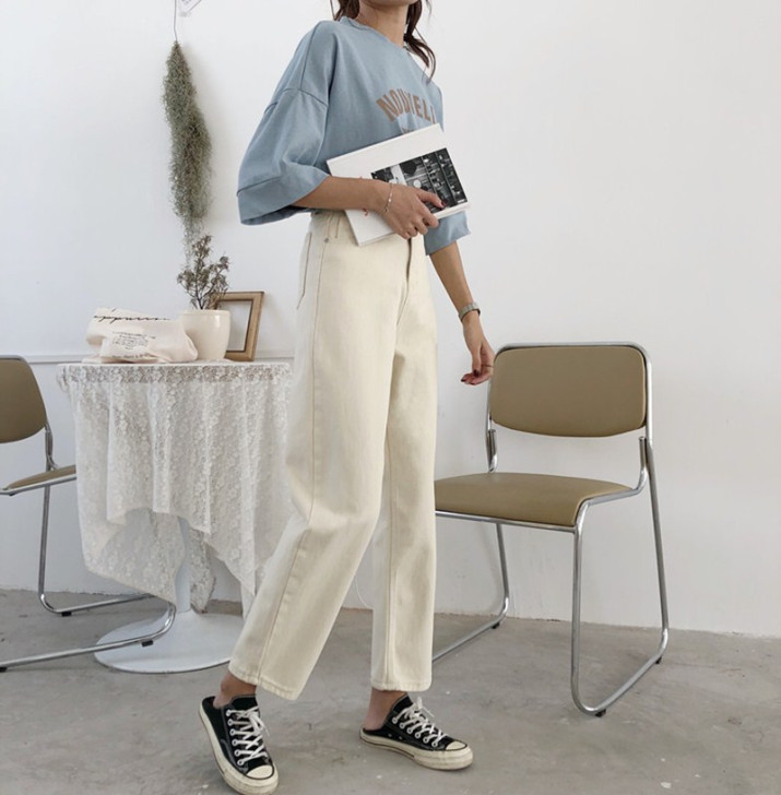 春夏新款复古气质简约纯色百搭宽松显瘦直筒牛...