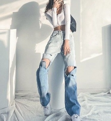 欧美破洞渐变直筒牛仔裤女高腰宽松垂感美式复...