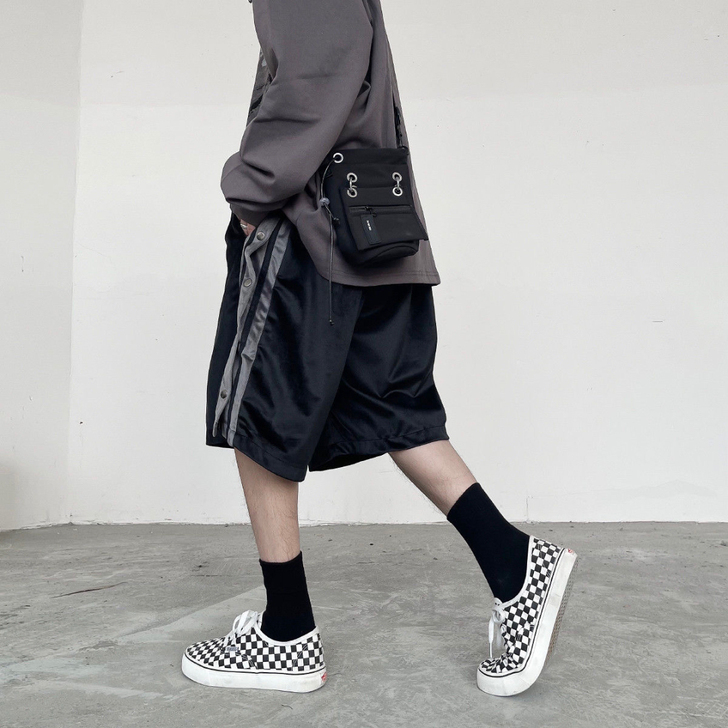 复古潮流侧边排扣裤工装休闲五分裤高街ins...