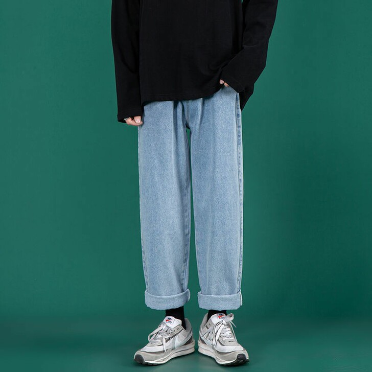 春夏牛仔裤男浅色宽松直筒阔腿潮流港风网红学...