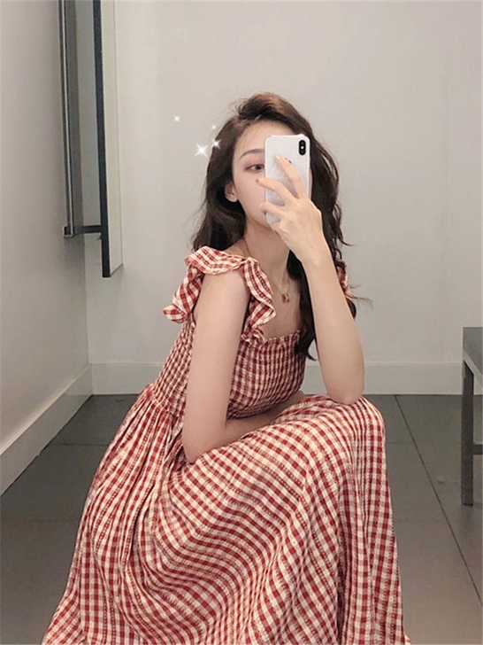 格子吊带连衣裙女夏裙子仙女超仙森系收腰显瘦...