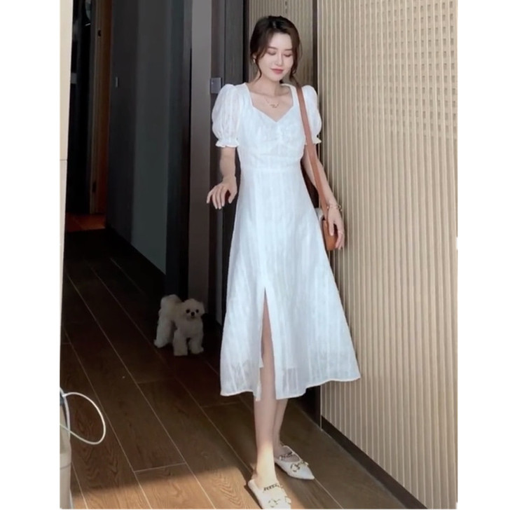 泡泡袖方领白色连衣裙夏法式初恋超仙女森系长...