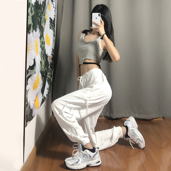 白色高街hiphop束脚裤女春秋ins潮显...