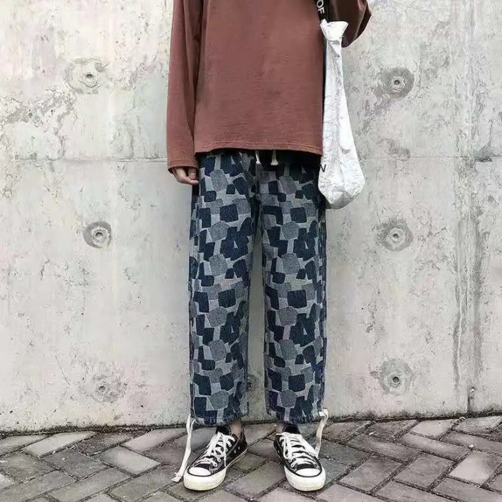 夏季高街牛仔裤男宽松抽绳束脚九分裤港风复古...