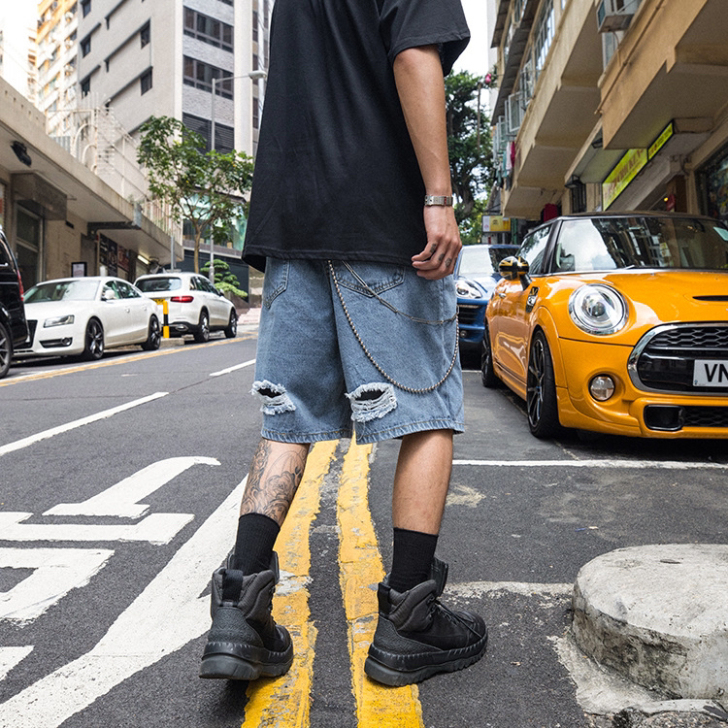 高街宽松洗水做旧破洞乞丐风休闲百搭牛仔短裤...