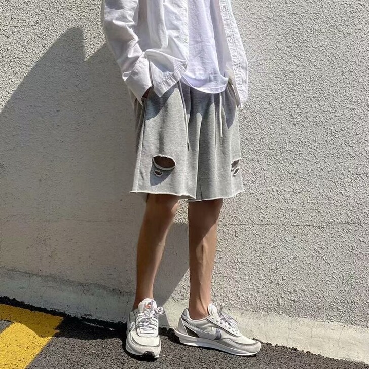 夏季2021新款ins高街破洞短裤男潮牌潮...