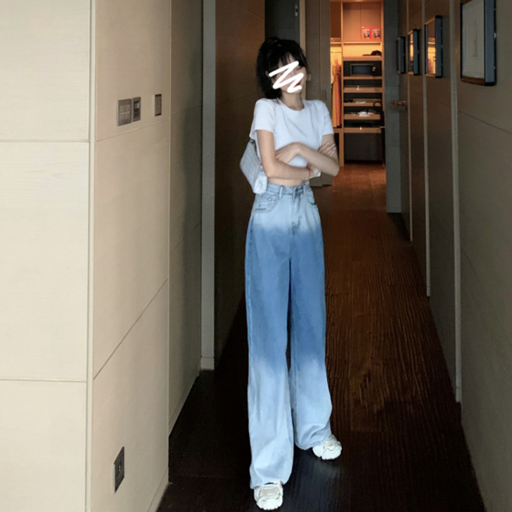 牛仔裤女2021春季宽松直筒复古街头渐变网...