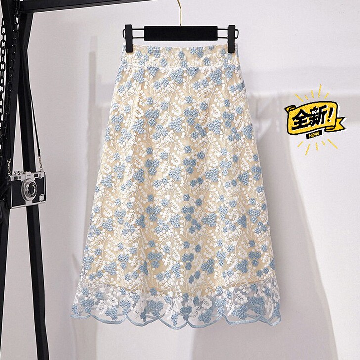 重工刺绣碎花半身裙子女夏2高腰a字长裙中长...