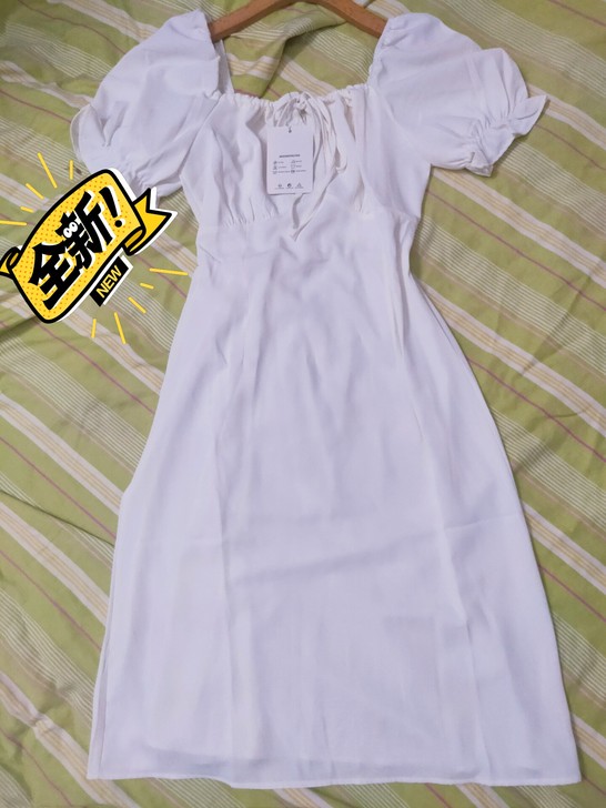 全新白色收腰显瘦系带连衣裙夏