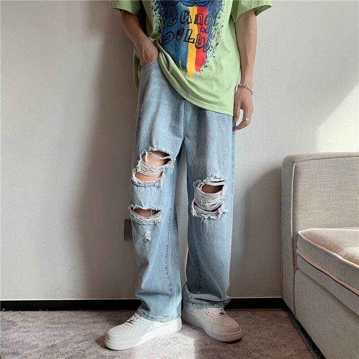 牛仔裤男士宽松直筒复古休闲乞丐裤夏季薄款高...