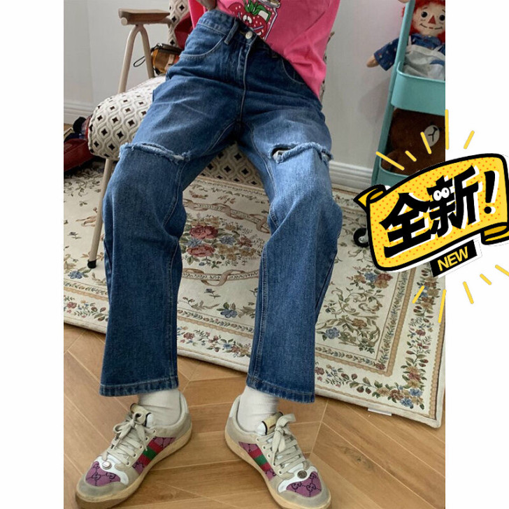 破洞裤女复古直筒牛仔裤女夏季韩版学生高腰百...