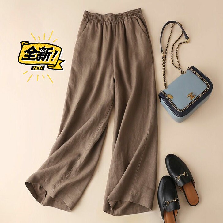 100%棉阔腿裤女2021春夏新款仿棉麻大...