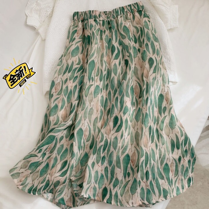 雪纺印花A字半身裙中长款2021夏新款清新...