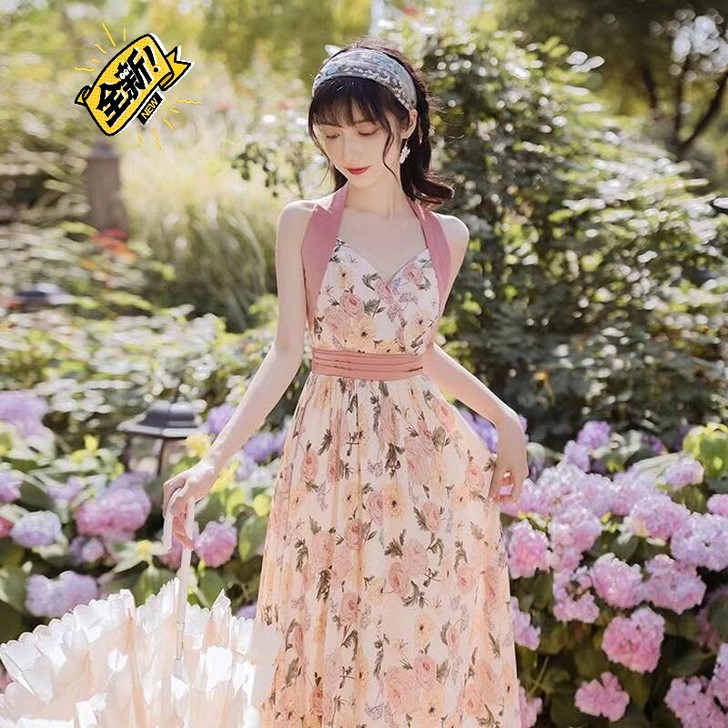 夏季仙女裙法式复古印花吊带裙挂脖大摆连衣裙...