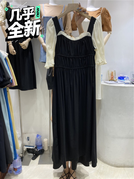 木耳边方领泡泡袖连衣裙夏季韩版收腰露背系带...