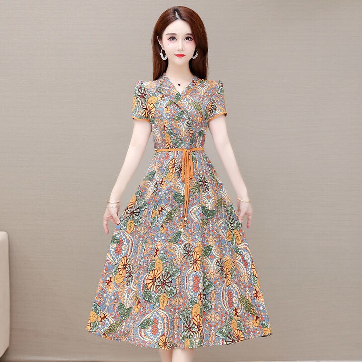 雪纺印花连衣裙2021夏季新款气质修身显瘦...