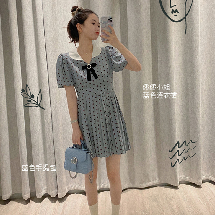 丝绒蝴蝶结连衣裙(短款蓝色),尺码:S