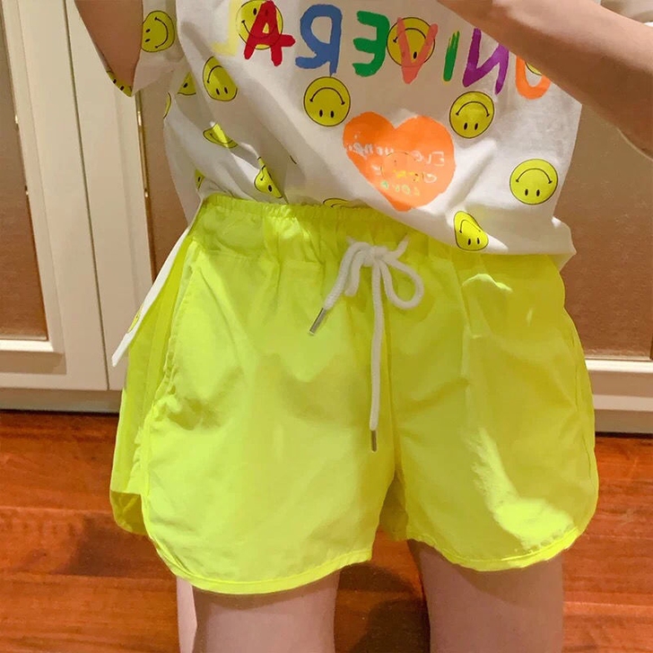 荧光彩色短裤女夏季2021新款韩版松紧腰抽...