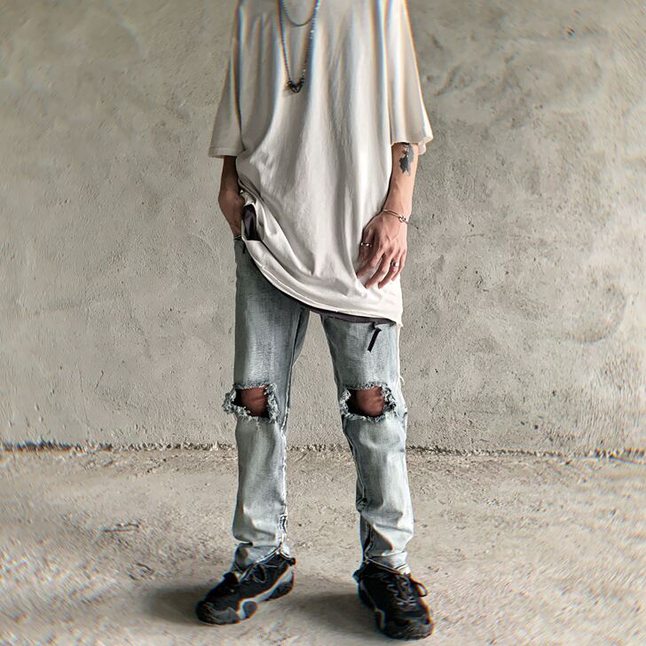 Mz 高街膝盖磨毛破洞小脚拉链开叉弹力修身...