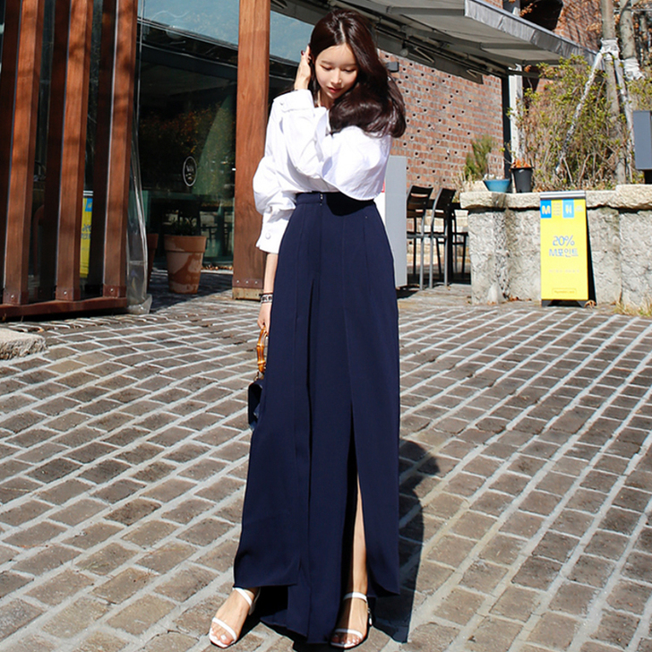 2019新款黑色休闲雪纺复古高腰开叉垂感温...