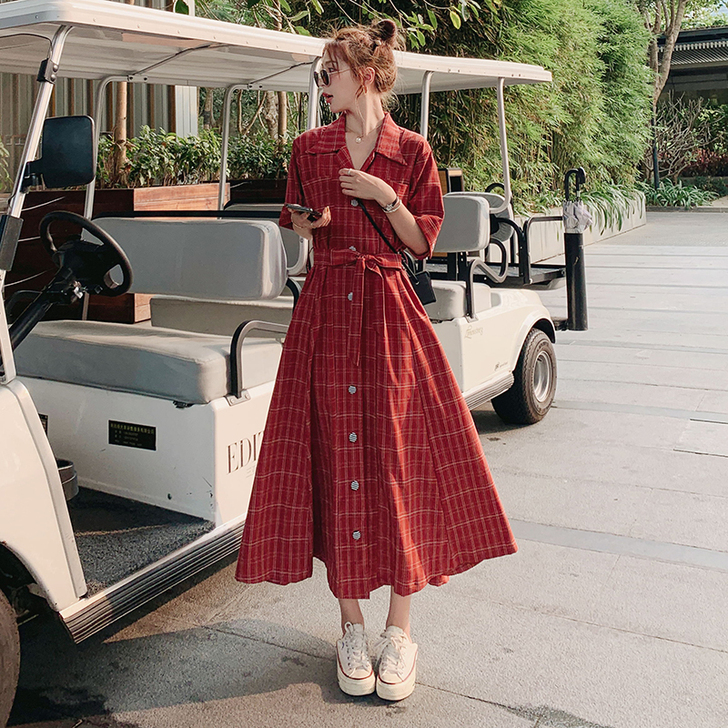 红色格子连衣裙子女夏春新款法式桔梗长裙脚踝...