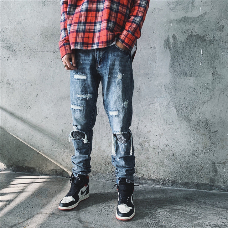 欧美高街水洗复古泼墨破洞牛仔裤男街头宽松直...