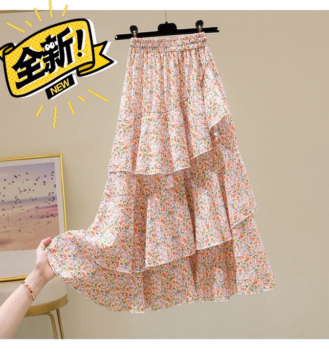 半身裙子新款2021年夏季碎花不规则荷叶边...