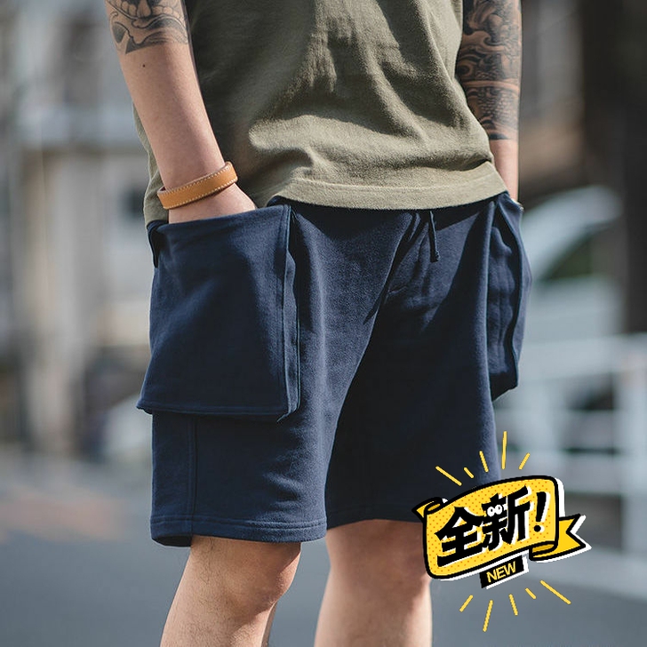 工装复古短裤五分裤男日系纯棉针织大口袋运动...