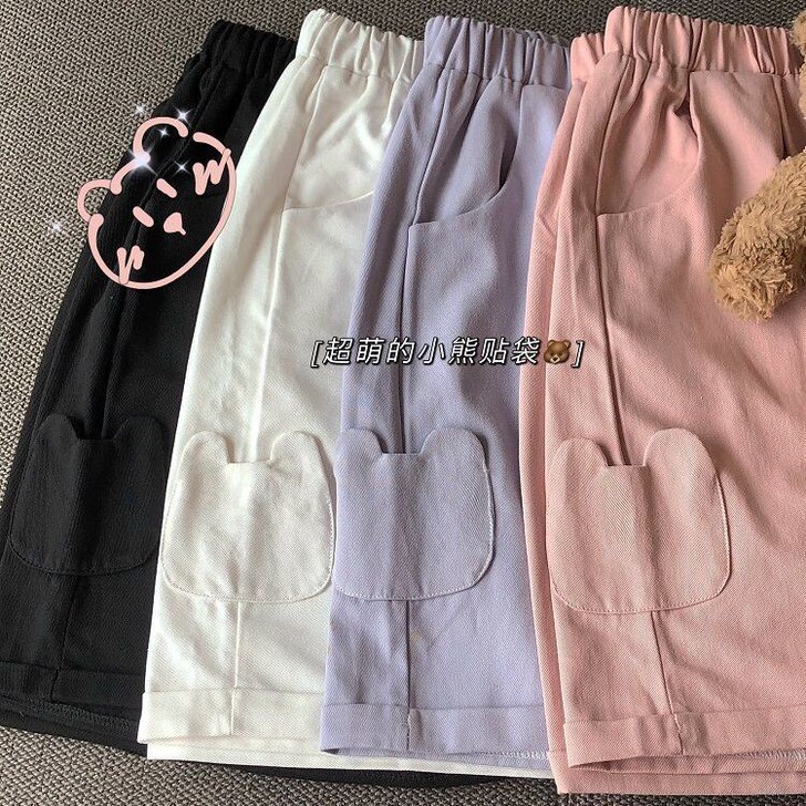 夏季日系阔腿裤软妹小熊口袋工装短裤女学生宽...