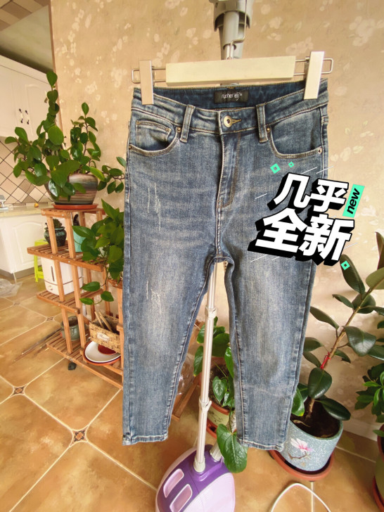 若荷小个子牛仔裤女八九分裤2021春复古弹...