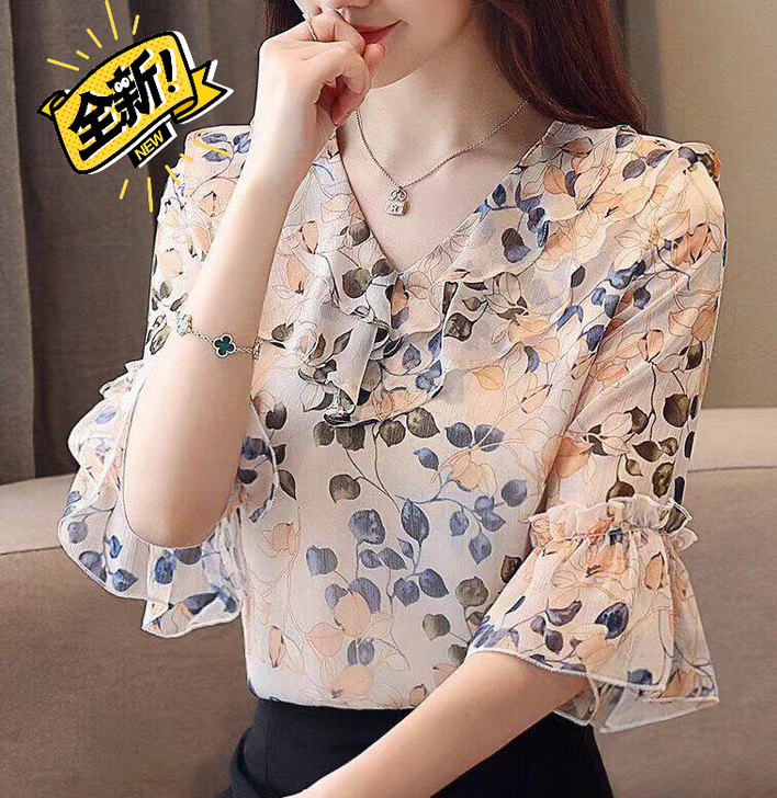 特价碎花雪纺衬衫短袖女装夏季新款潮上衣洋气...