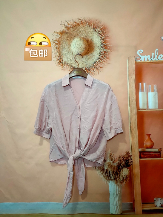 系带短袖衬衫女宽松短款韩版上衣夏季防晒衫披...