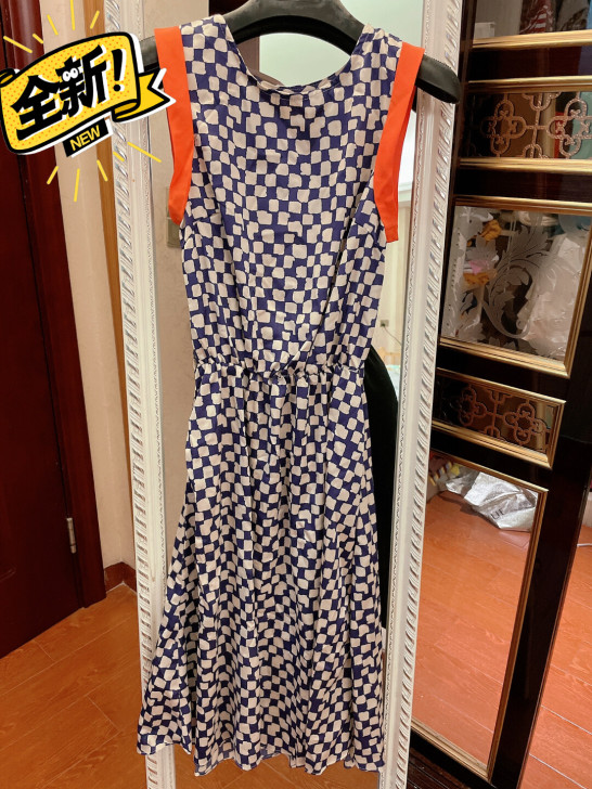 夏季夏天夏装格子连衣裙中长裙无袖背心裙雪纺...